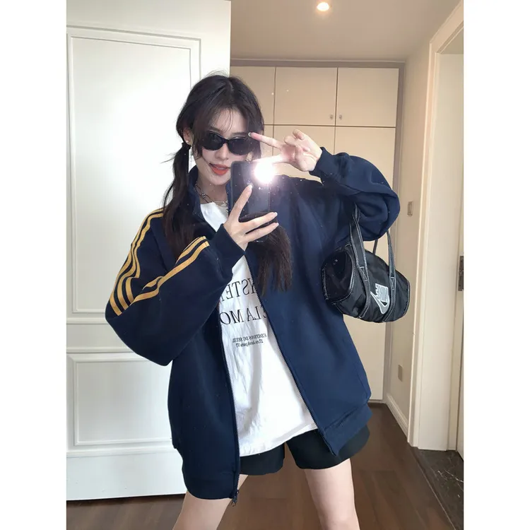 美式复古撞色三条杠卫衣女秋冬款休闲宽松中长款oversize加绒外套