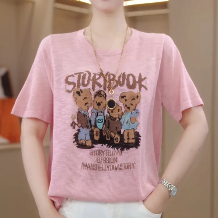 新款2025时尚小熊涂鸦百搭宽松显瘦潮流设计感短袖上衣打底1239