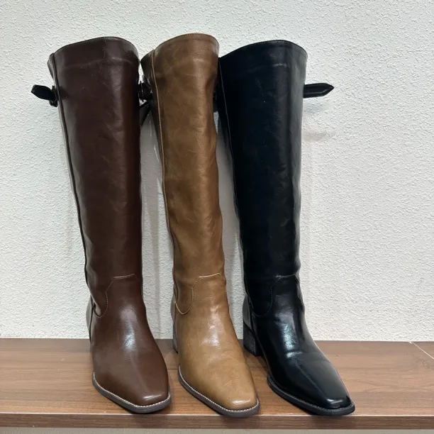 056-1复古西部风方头粗跟不过膝长筒靴女秋冬骑士靴高筒时装靴