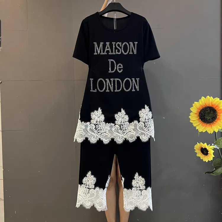 夏季新款大码女装时尚重工烫钻蕾丝拼接宽松显瘦两件套套装