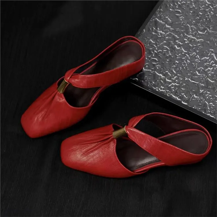 内6CM2025新款时尚法式方头软皮半拖鞋女夏外穿一脚蹬凉拖鞋低跟