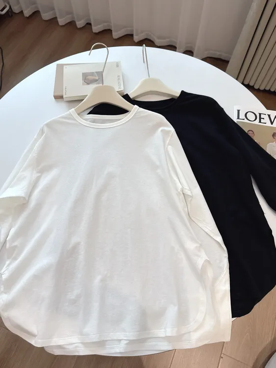 极简索罗娜拼接净色长袖T恤