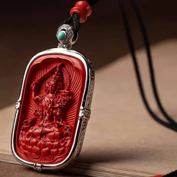 天然辰砂天然原矿朱砂双面镶嵌本命吊坠男生肖本命年雕刻项链女