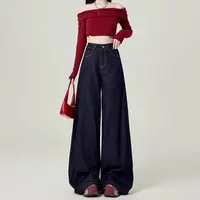 美式高腰阔腿牛仔裤女深蓝色2025年秋季新款宽松慵懒直筒长裤