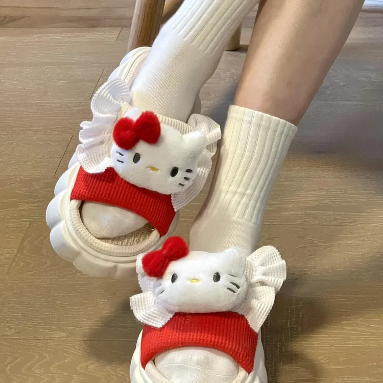 okitty猫库洛米亚麻拖鞋学生宿舍厚底踩屎感凉鞋居家室内舒适百搭