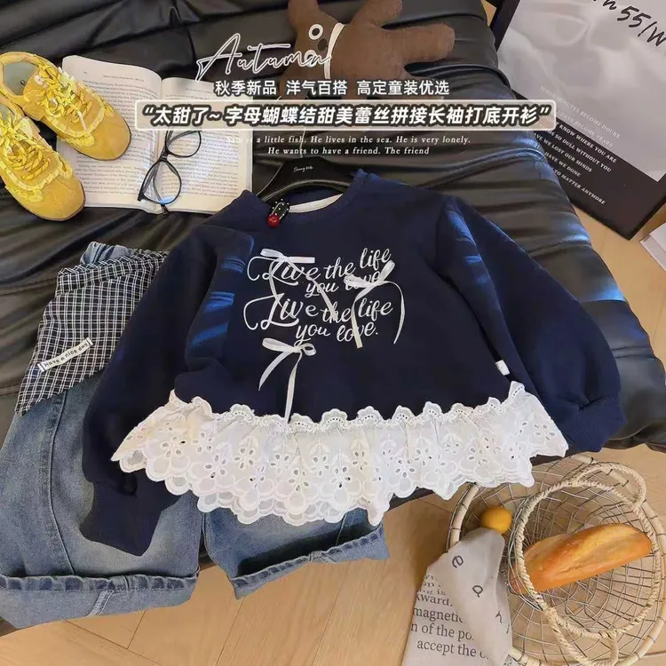 秋季新款女童卫衣儿童下摆韩系洋气上衣长袖花边蝴蝶结韩版爆款