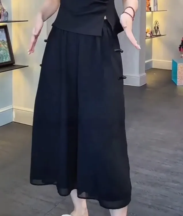 大码新中式国风女夏季高腰垂感宽松九分冰丝雪纺阔腿裙裤