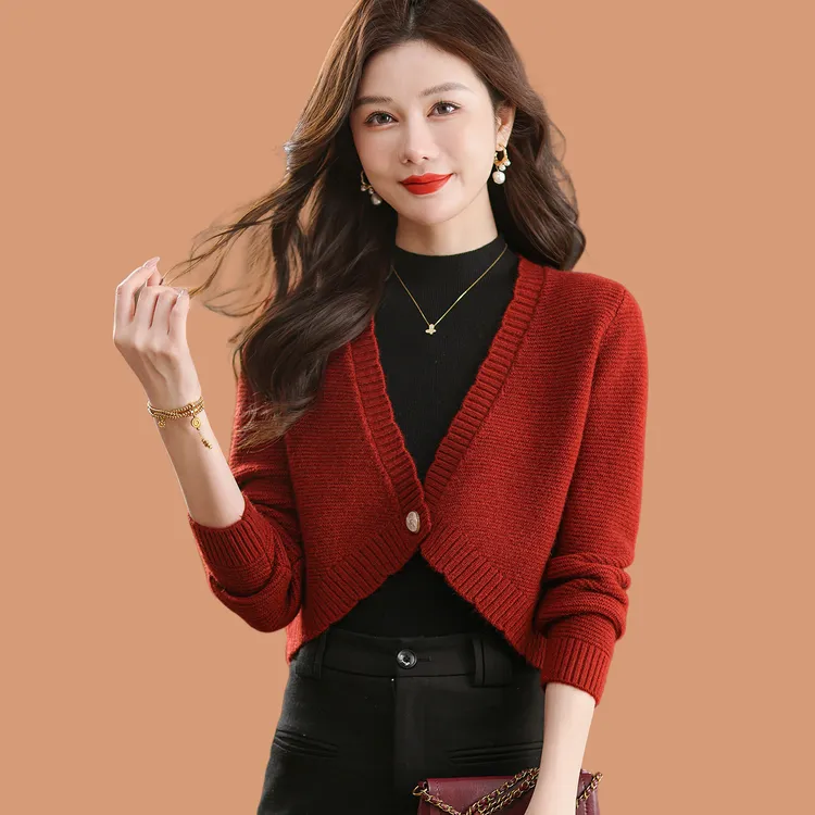 小个子高腰毛衣外套女士春秋配旗袍外搭裙子上衣薄款羊毛针织开衫