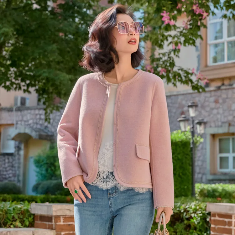 西子/【美丽人生】羊绒毛莱赛尔手工双面呢保暖圆领外套/WTYF0237