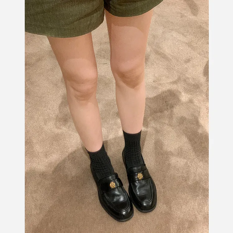  羊皮版~山茶花4cm复古金扣圆头百搭粗跟乐福鞋女2025新款秋季