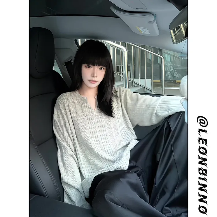 慵懒感V领长袖T恤男秋冬季新款潮牌百搭休闲宽松老钱风卫衣打底衫