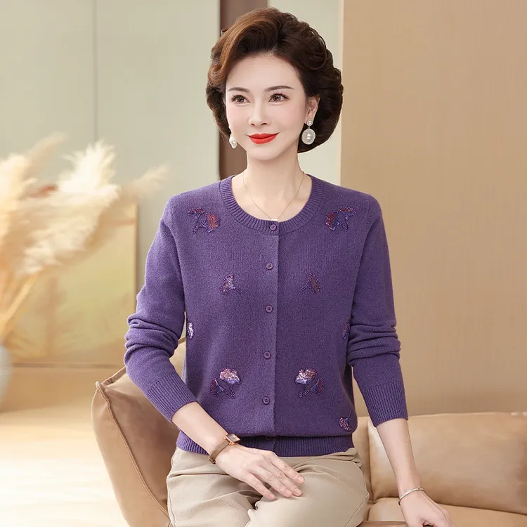 100%纯羊毛针织毛衣时尚妈妈装洋气时尚保暖减龄新款女士开衫