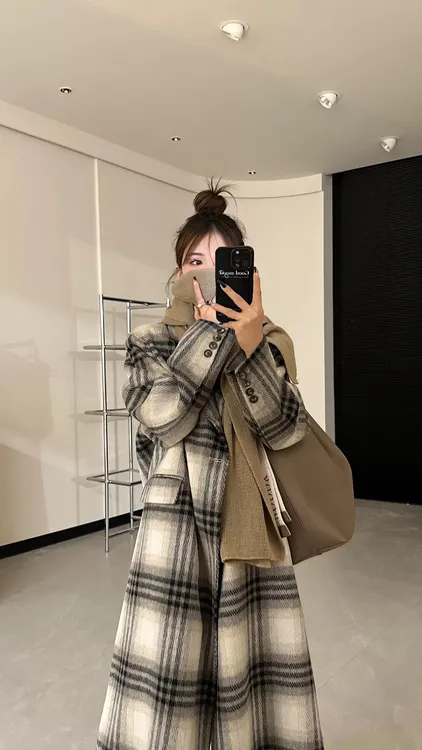 【反季】格子女毛呢外套显瘦格子大衣宽松时尚韩版中长款秋冬