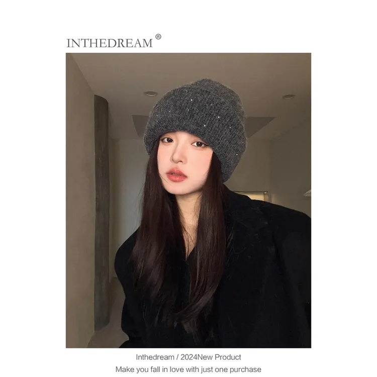 含羊毛秋冬毛线堆堆帽大头围百搭休闲冷帽保暖帽子女针织网红护耳