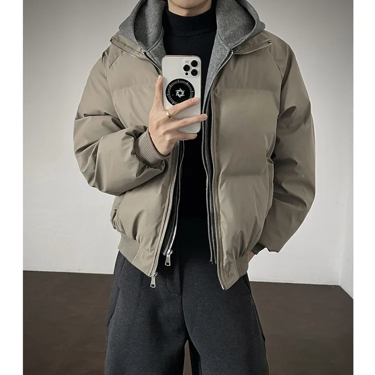 LIGGICC 假两件连帽加厚外套棉服男冬季加厚保暖双层棉衣美式夹克