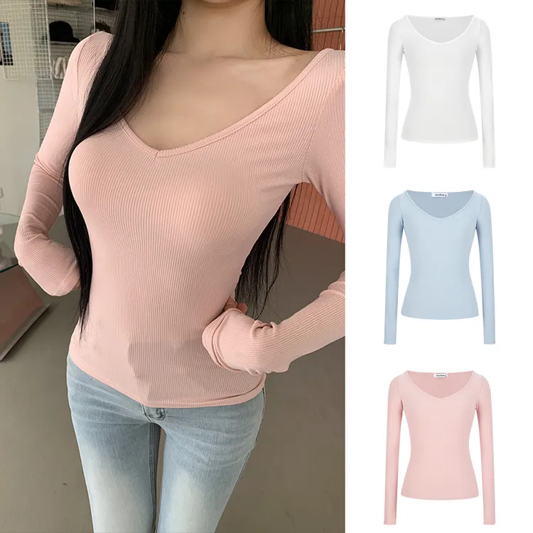 MosesQueen/魔西女王春装v领纯欲风打底衫女收腰显瘦内搭上衣服