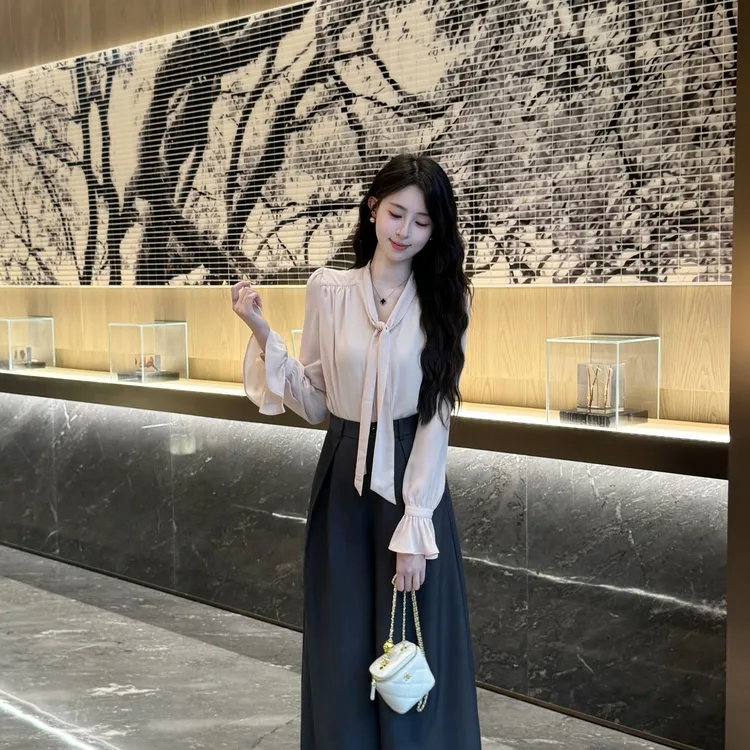 YUANLIANSU/圆脸酥【云栖竹径】2025秋季新款气质粉色绑带雪纺衬衫