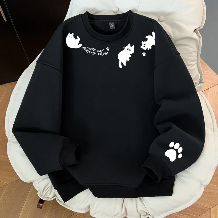 美式个性小猫猫爪印花套头圆领卫衣男女秋冬季休闲宽松情侣款上衣