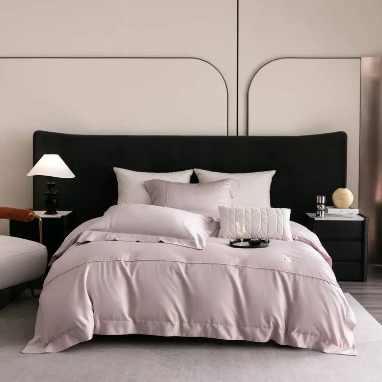 轻奢简约素色绣花埃及神猫四件套纯色