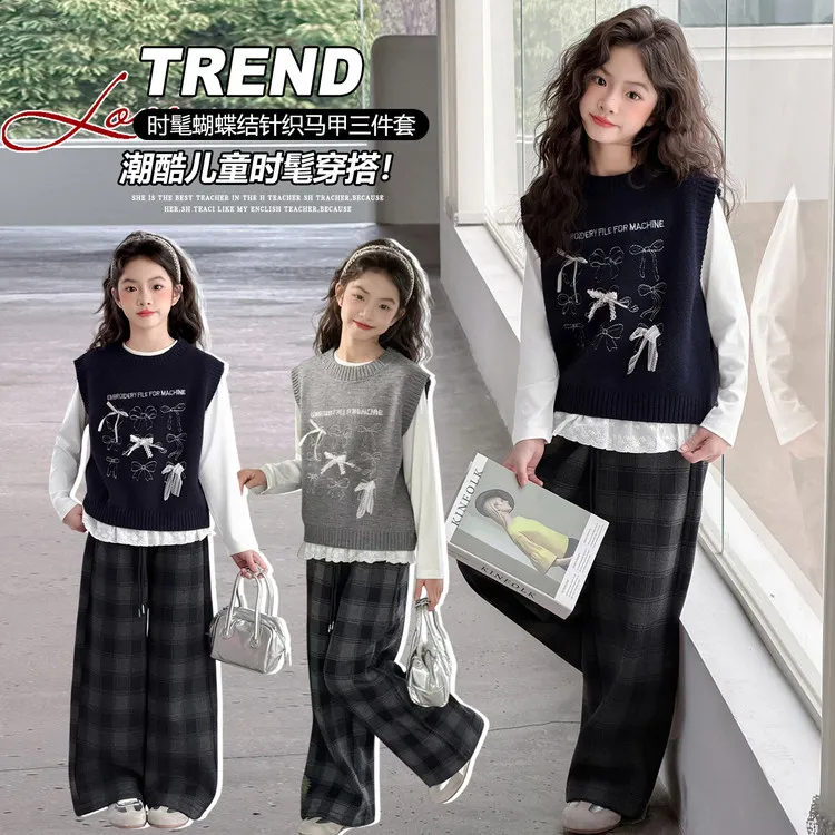 女童套装秋冬季新款中大童打底衫针织衫马甲加绒阔腿裤三件套春装