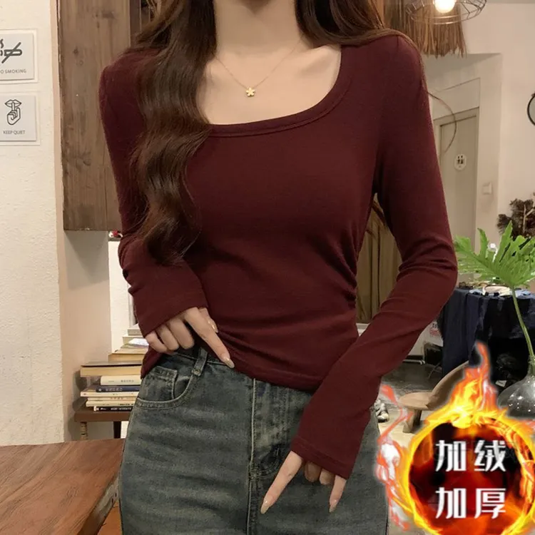 【8817】百搭纯色U领长袖T恤女秋冬保暖新款加绒加厚简约内搭打底衫