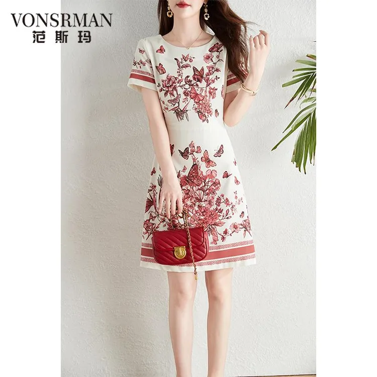 时尚减龄蝴蝶印花连衣裙女夏2025法式新款修身收腰显瘦气质a字裙a