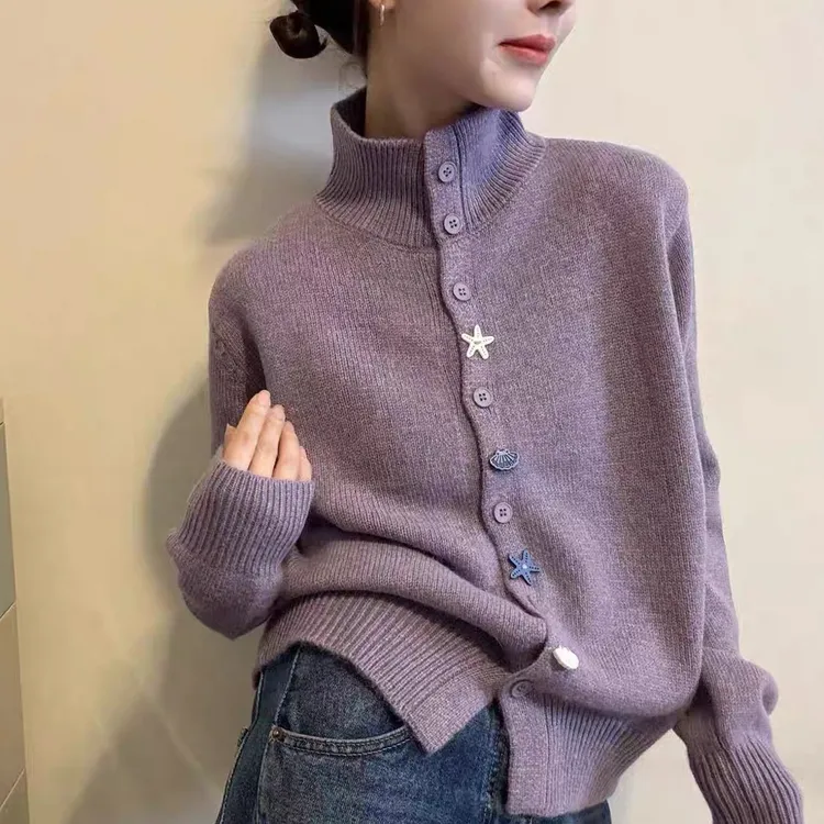BADX正品纯色立领海星纽扣长袖毛衣外套女25冬季宽松百搭针织开衫
