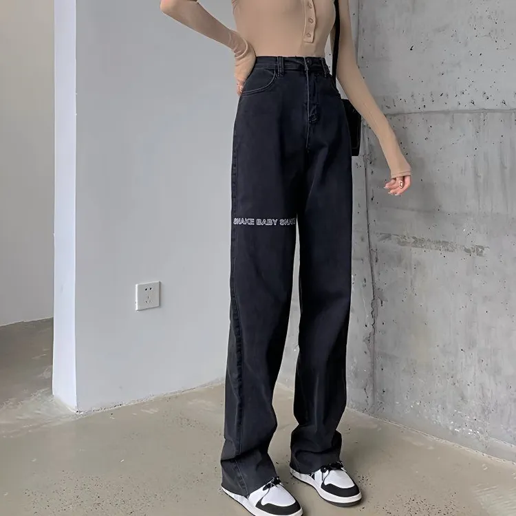 黑色印花牛仔裤女直筒宽松秋冬新款高腰显瘦学生百搭拖地阔腿裤子