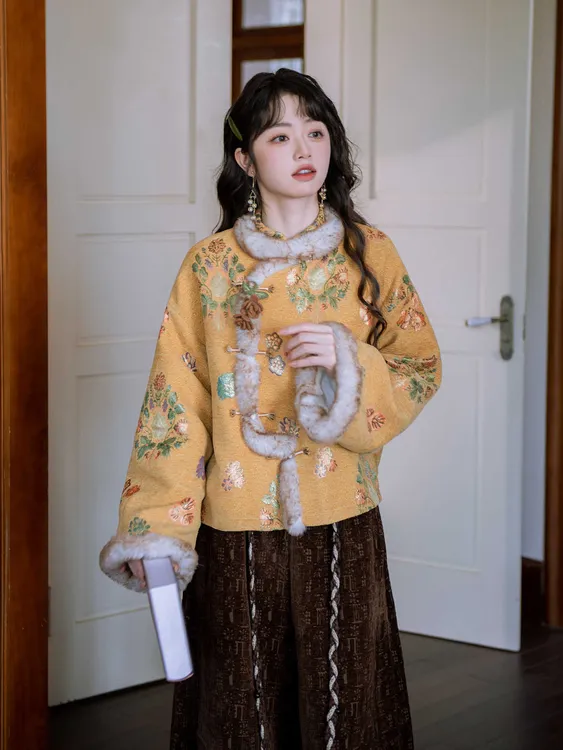 【金玉茶】中国风提花加绒保暖外套阔腿裤两件套装2025冬季