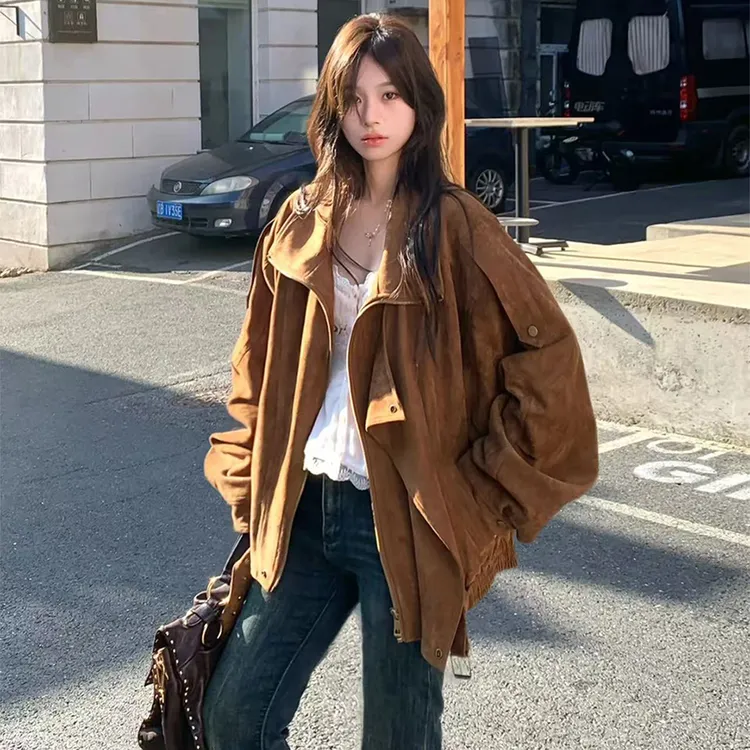 美拉德复古咖色麂皮绒机车服外套女2025秋冬季新款皮夹克上衣外套