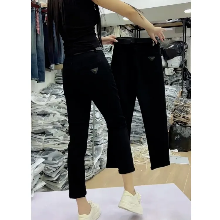 大码黑色高腰弹力烟管牛仔裤女2025春秋胖mm宽松显瘦小个子直筒裤