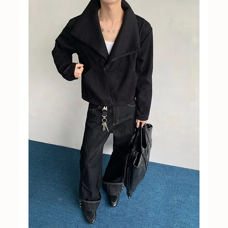 美式高街侧拉链外套男女春秋潮牌vibe短款小众设计感立领开衫夹克