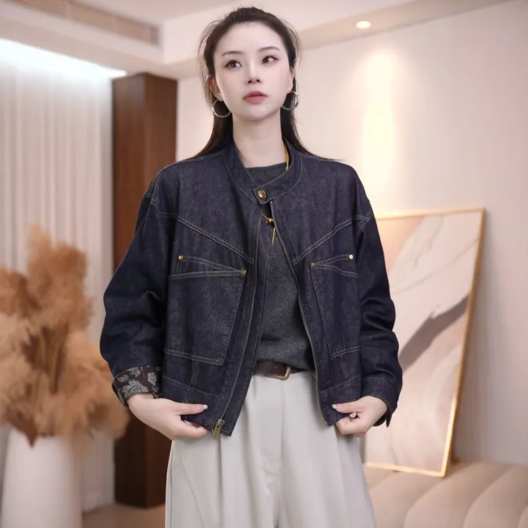 不褪色超好看时尚立领印花拼色牛仔外套爆款高级感洋气百搭夹克上