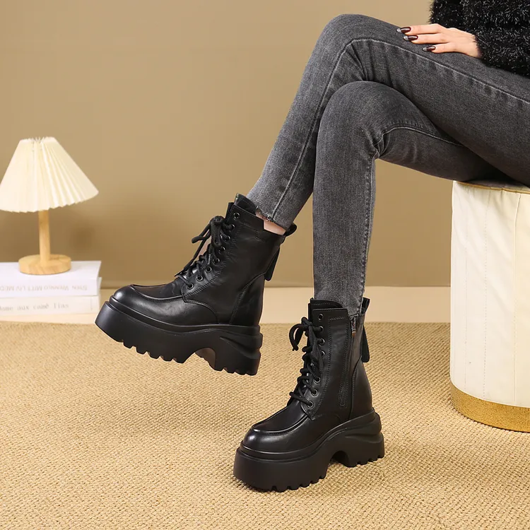 10cm厚底内增高马丁靴女2025秋冬季新款英伦风加绒小个子高跟短靴