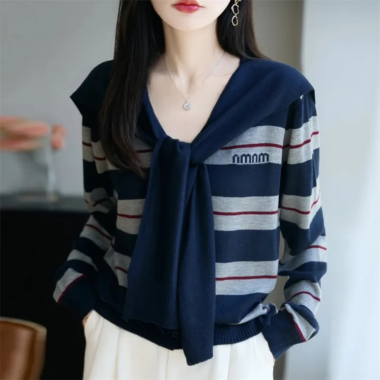 韩系复古撞色条纹拼接针织衫上衣女2025秋季新款百搭长袖披肩上衣