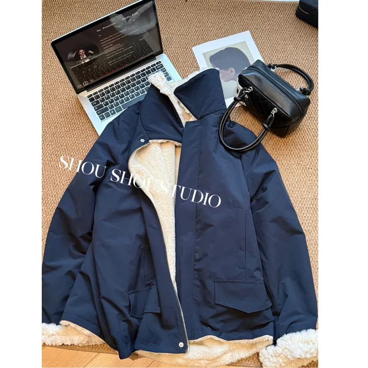 【瘦瘦】海盐椰子冰-大码翻领百搭显瘦内里毛毛保暖加厚外套S02327