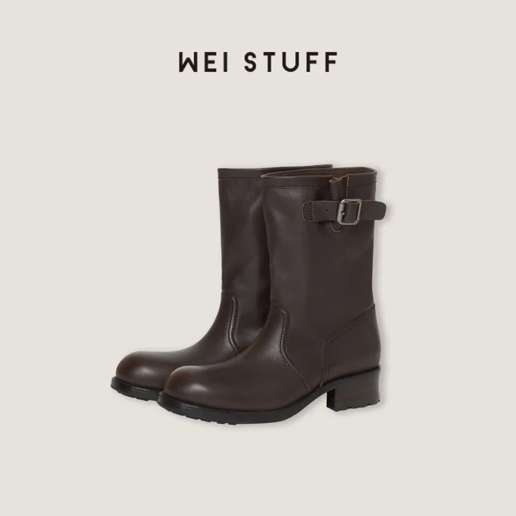 WEI STUFF“布朗尼”复古咖色百搭休闲牛皮骑士马丁靴 10821.