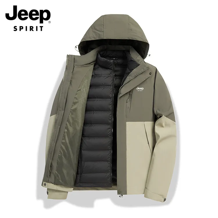 吉普三合一可拆卸内胆羽绒服连帽夹克男士秋冬保暖户外冲锋衣外套