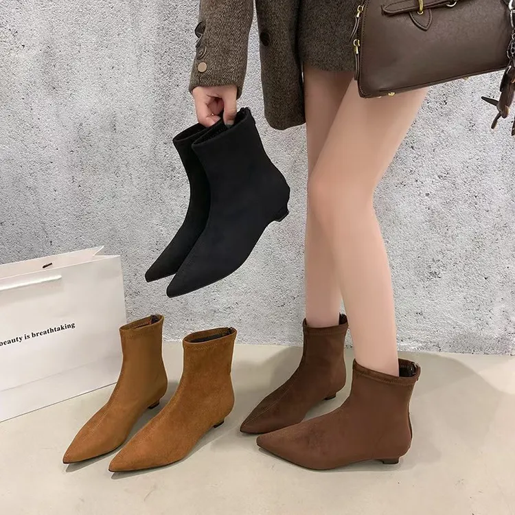 法式绒面气质小短靴女2025秋季新款时尚百搭尖头后拉链瘦瘦靴女靴