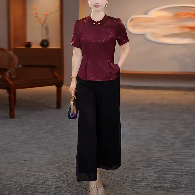 冰羽丝时尚妈妈套装2025夏季新款新中式复古洋气质宽松遮肉两件套