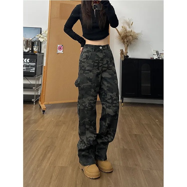 美式复古迷彩裤男vibe风中高腰裤子微喇军绿色潮牌高街工装牛仔裤