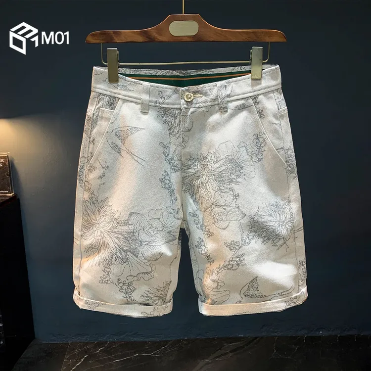 M01轻奢国潮休闲短裤2025夏季薄款印花直筒中裤潮流百搭5分裤子男