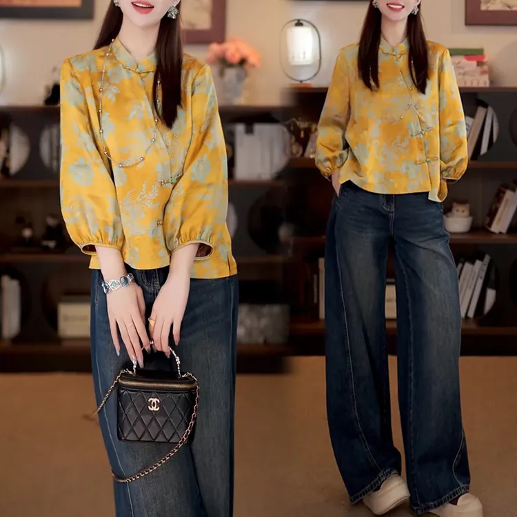 新中式国风时尚套装女2025春秋新款斜襟盘扣长袖衬衫牛仔裤两件套