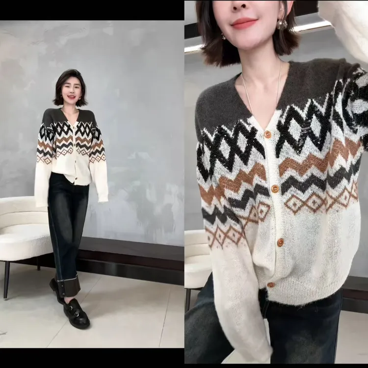 玖了个玖【提花珠片毛衣开衫】2025冬季新显瘦针织上衣 2512C9194