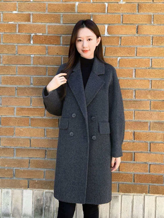 高级感深灰色呢子大衣女中长款2025秋冬新款小个子西装领毛呢外套