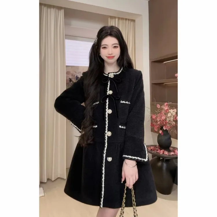 十一原创设计师【暗夜玫瑰】外套连衣裙（羽 绒）蝴蝶结拼接千金显瘦