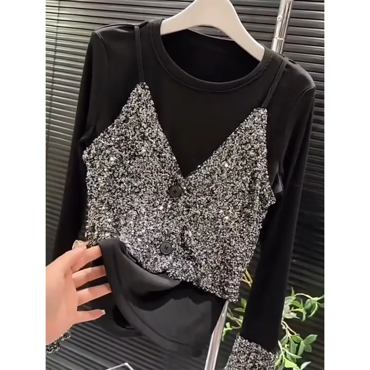 德绒时尚假两件打底衫女春秋2025新款亮片拼接喇叭袖长袖显瘦上衣