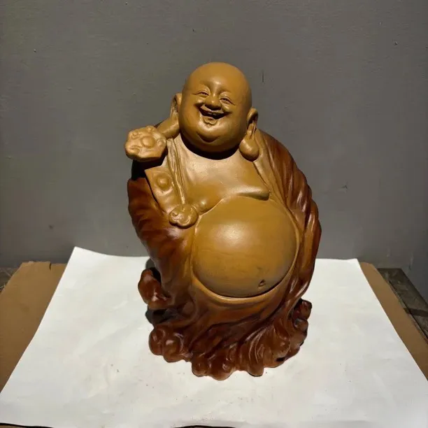 如意弥勒佛招财纳福大肚佛工艺品香樟木实木精雕小摆件家居装饰品