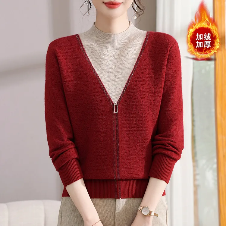 2025秋冬新款妈妈装百搭针织衫中老年女假两件毛衣加绒厚打底上衣