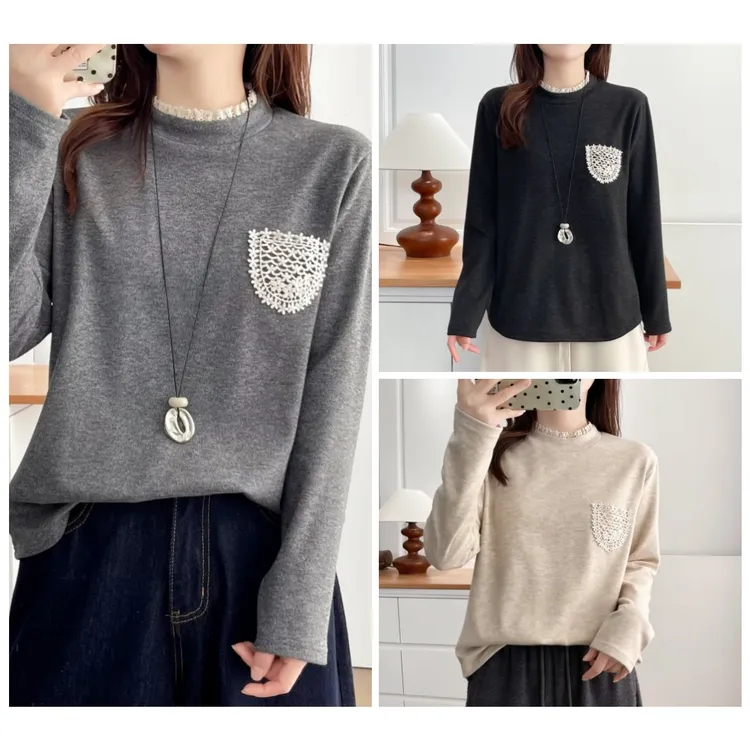 110-200斤大码女装胖mm冬装文艺风花边领加厚保暖长袖T恤衫打底衫